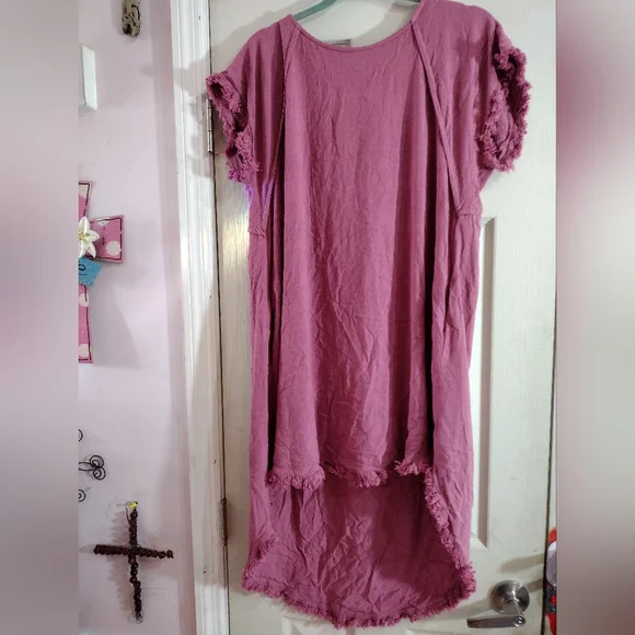 UMGEE Large Pink Dress Linen cotton blend Raw Hem Raglan short Sleeve - Picture 1 of 11